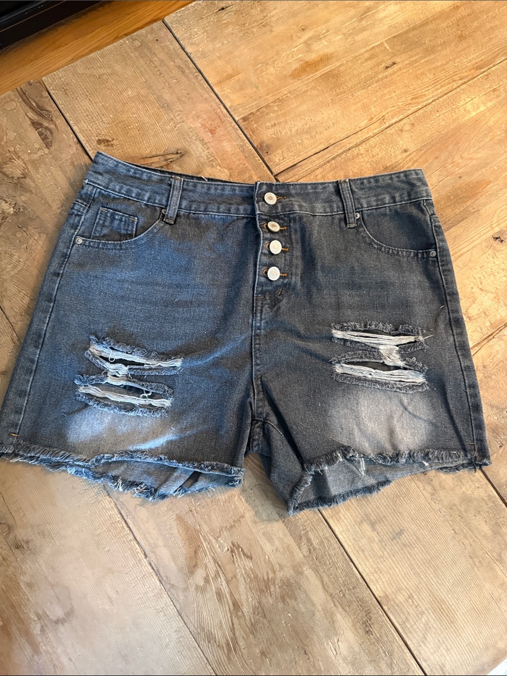 Washed Black Distressed High-Rise Denim Shorts